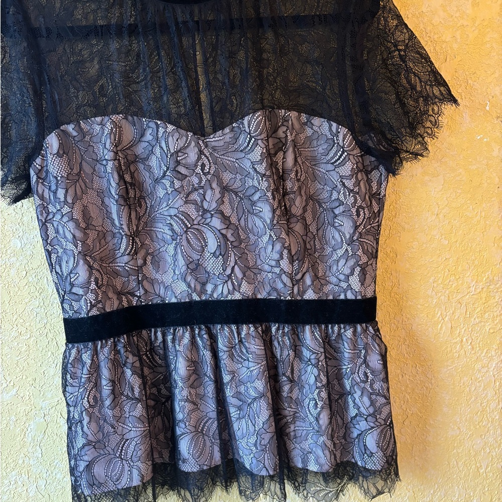WHBM Black and Cream Lace Peplum Top
